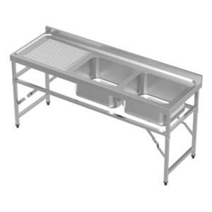 Klappbare Spüle mit 2 Becken und Abtropffläche links mit Rückwand - L 1800 x T 600 mm - CombiSteel