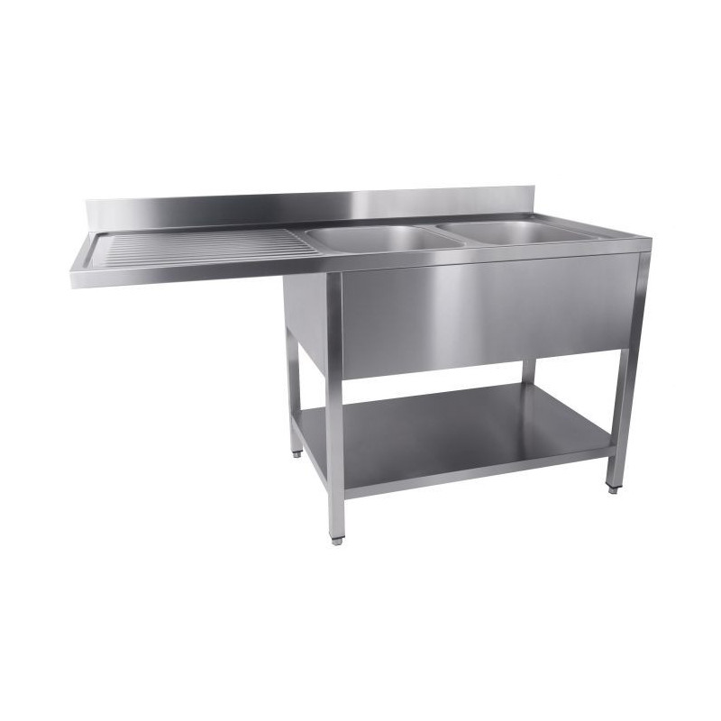 2 Sink Basins Dishwasher Passage Left Removable Shelf - 1600x700 mm - Stainless Steel AISI 304