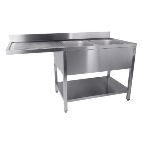 2 Sink Basins Dishwasher Passage Left Removable Shelf - 1600x700 mm - Stainless Steel AISI 304