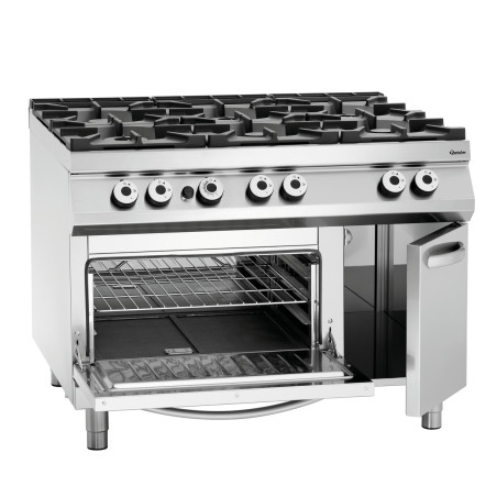 Fornuis met 6 krachtige branders serie 900 - Gasoven GN 2/1 en kast van het merk Bartscher