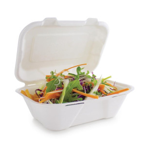 Meal Boxes in Bagasse with Hinged Lid - L 228mm - Pack of 200 - Vegware