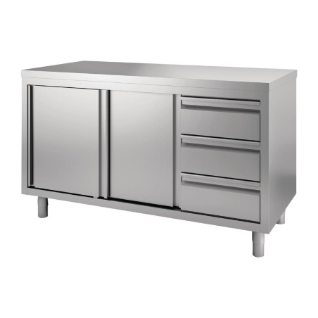 Stainless Steel Cabinet with Sliding Doors and 3 Drawers on the Left - W 1500 x D 700mm - Gastro M