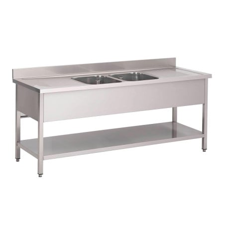 Edelstahlspüle mit unterem Regal 2 Becken in der Mitte-L 2000 x T 700mm- Gastro M