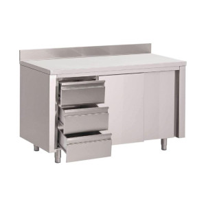 Stainless Steel Cabinet Table with Backsplash 3 Drawers on the Left and Sliding Doors - W 1200 x D 700mm - Gastro M