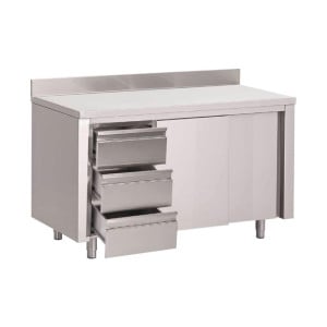 Tafel Kast in Roestvrij Staal met Achterwand 3 Laden Rechts en Schuifdeuren - L 1200 x D 700mm - Gastro M