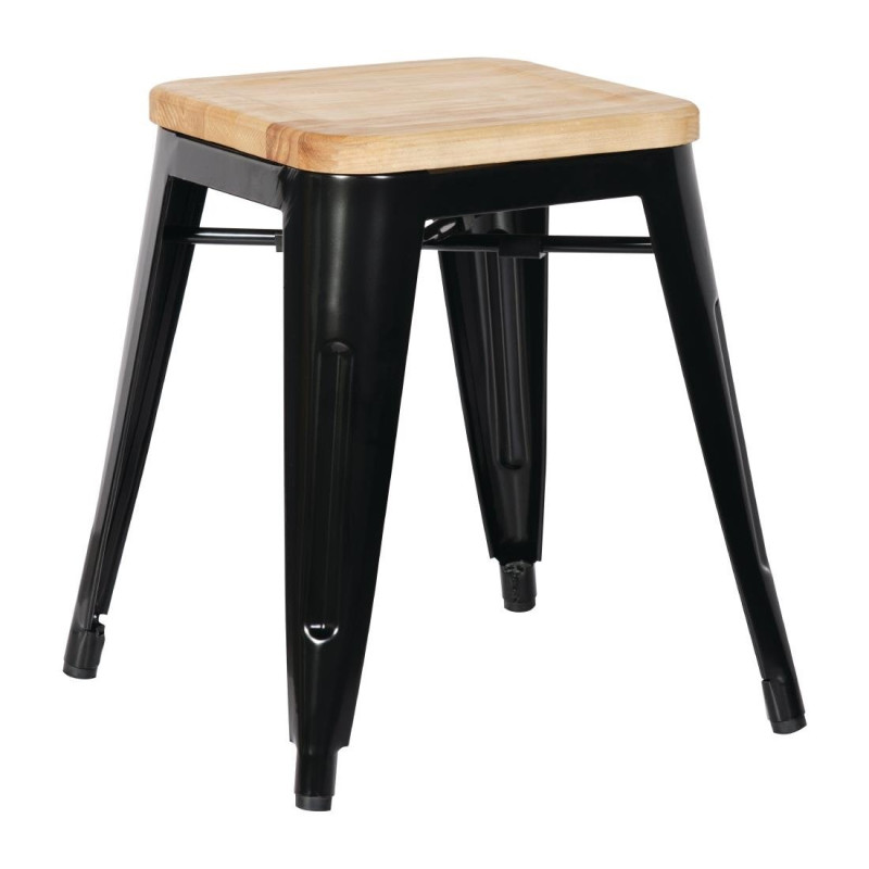 Black Steel Low Bistro Stools with Wooden Seat - Set of 4 - Bolero