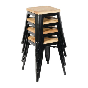 Niedrige Bistrohocker aus schwarzem Stahl mit Holzsitz - 4er-Set - Bolero