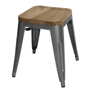 Low Bistro Stools in Grey Steel with Wooden Seat - Set of 4 - Bolero