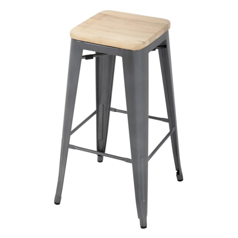 Hoge Bistro Kruk van Grijs Staal met Houten Zitting - Set van 4 - Bolero Hoge Bistro Kruk van Grijs Staal met Houten Zitting - Set van 4 - Bolero