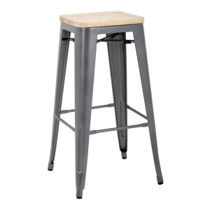 Hoge Bistro Kruk van Grijs Staal met Houten Zitting - Set van 4 - Bolero