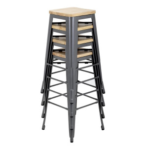 Hoge Bistro Kruk van Grijs Staal met Houten Zitting - Set van 4 - Bolero