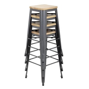 High Bistro Stool in Grey Steel with Wooden Seat - Set of 4 - Bolero