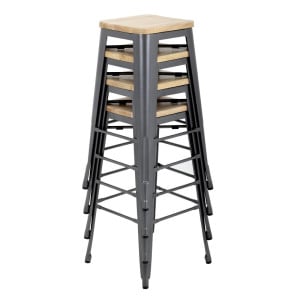 High Steel Gray Bistro Stool with Wooden Seat - Set of 4 - Bolero