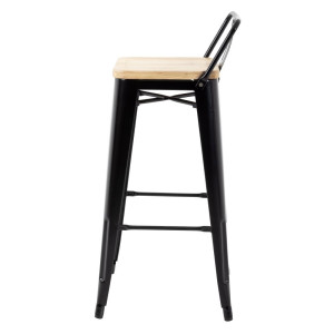 High Stools with Backrest and Wooden Seat - Black - Set of 4 - Bolero