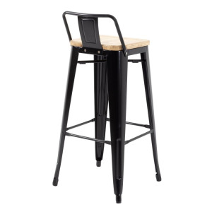 High Stools with Backrest and Wooden Seat - Black - Set of 4 - Bolero