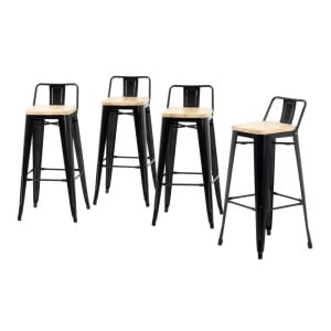 Hoge Krukken met Rugleuning en Houten Zitting – Zwart - Set van 4 - Bolero