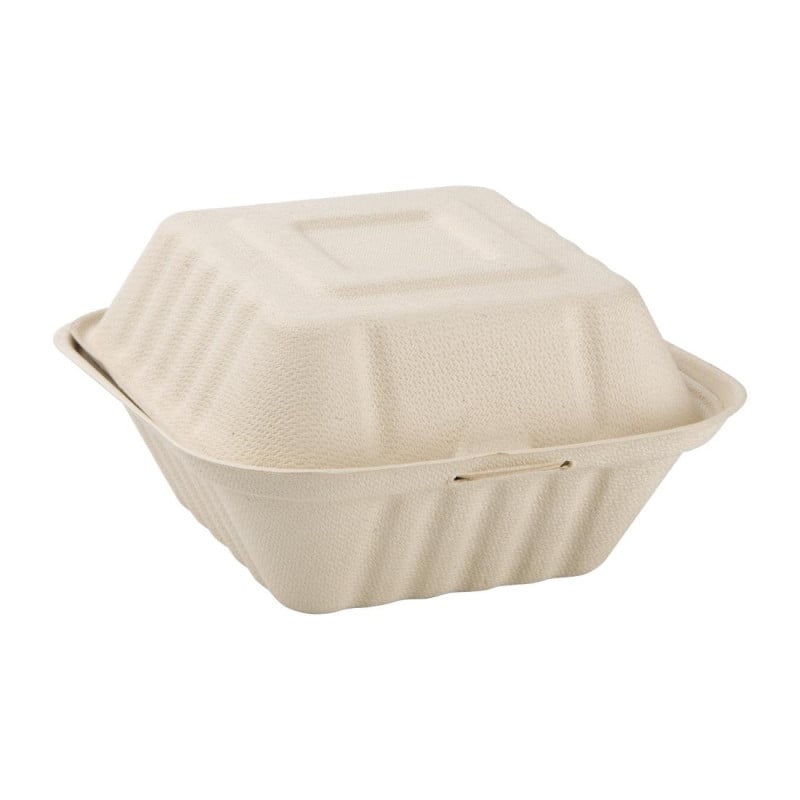 Biologisch afbreekbare hamburgerdozen van natuurlijke bagasse 152 mm - Set van 500 - Ecologie en handigheid in de professionele 