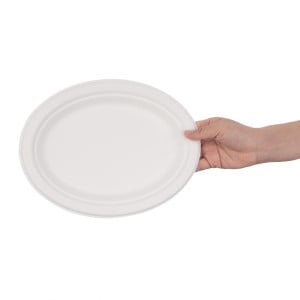 Teller aus kompostierbarem Bagasse in ovaler Form, 198 mm - Packung mit 50 Stück, professionelle Qualität