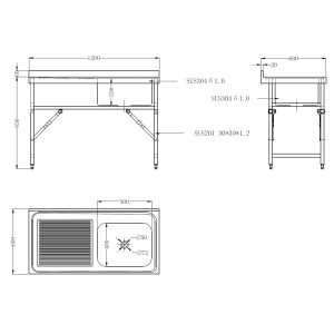 Opvouwbare Spoelbak 1 Bak en Afdruiprek Links met Achterwand - L 1200 x D 600 mm - CombiSteel