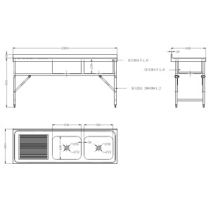 Klappbare Spüle mit 2 Becken und Abtropffläche links mit Rückwand - L 1800 x T 600 mm - CombiSteel