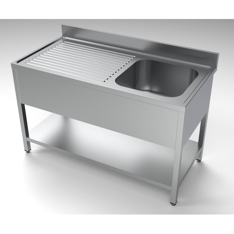 Sink 1 Basin and Drainer on the Left with Backsplash and Shelf in Stainless Steel AISI 304 - Dimensions 1400x700 mm