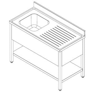 Plonge 1 Bak en Afdruiprek aan de Rechterkant met Achterwand en Demontabele Plank - L 1200 x D 700 mm - CombiSteel