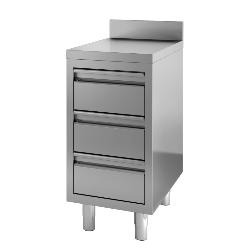 Stainless Steel Low Cabinet with 3 Drawers and Backsplash - L 600 x P 700 mm - CombiSteel