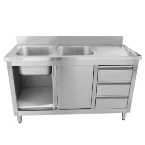 Spülmöbel mit 2 Becken und Rückwand - 1400 x 600 mm - Becken links - Dynasteel