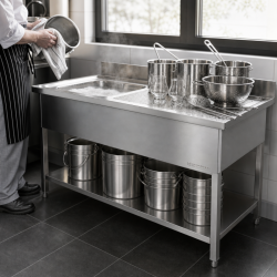 Plonge Inox 1 Bak 1200x600 mm, Afdruiprek Rechts, Achterwand