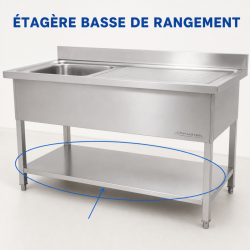 Plonge Inox 1 Bak 1200x600 mm, Afdruiprek Rechts, Achterwand
