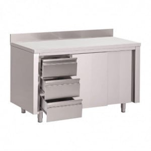Tafel Kast in Roestvrij Staal met Achterwand 3 Laden Rechts en Schuifdeuren - L 1200 x D 700mm - Gastro M