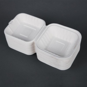 Scharnierende bagasse bakjes composteerbaar - 500 ml - Set van 250 - Fiesta Green