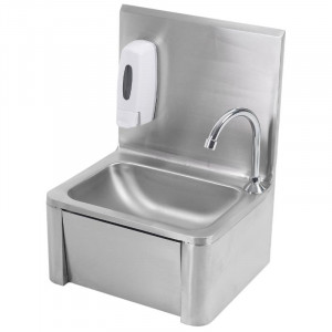 Stainless Steel Hand Wash with Knee Operated Control, Backsplash, and Soap