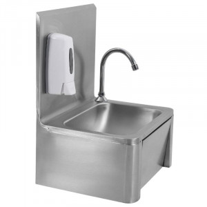 Stainless Steel Hand Wash with Knee Operated Control, Backsplash, and Soap