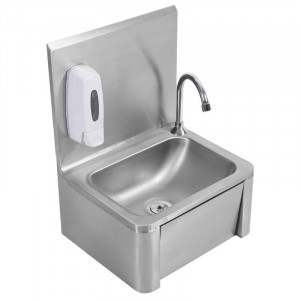 Stainless Steel Hand Wash with Knee Operated Control, Backsplash, and Soap