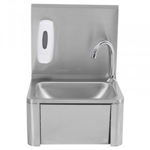 Edelstahl-Handwaschbecken mit Kniebedienung, Rückwand und Seife