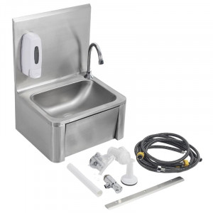 Stainless Steel Hand Wash with Knee Operated Control, Backsplash, and Soap