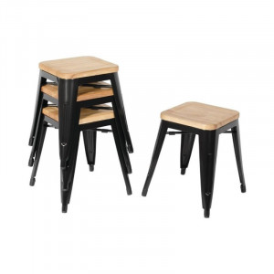 Stoelen Bistro Laag van Zwart Staal met Houten Zitting - Set van 4 - Bolero