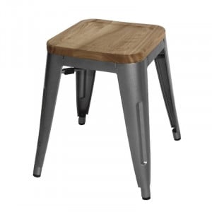 Grijze metalen lage bistrokrukken met houten zitting - Set van 4 - Bolero