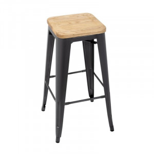 Hoge Bistro Kruk van Grijs Staal met Houten Zitting - Set van 4 - Bolero