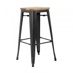 Hoge Bistro Kruk van Grijs Staal met Houten Zitting - Set van 4 - Bolero