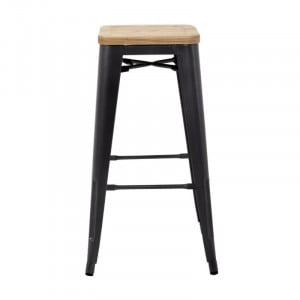 Tabouret Bistro Haut en Acier Gris avec Assise en Bois - Lot de 4 - Bolero