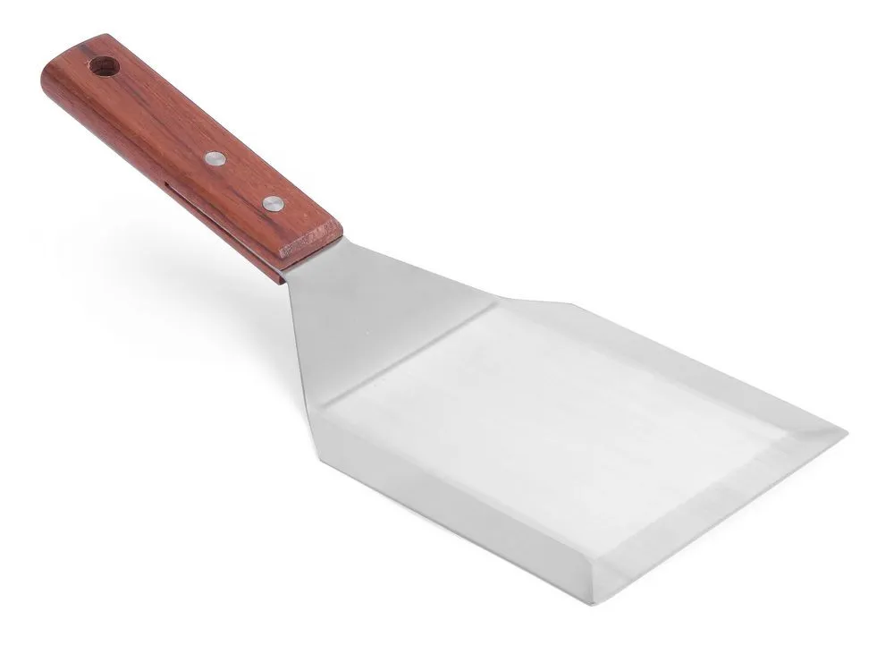 Hamburger spatel met gebogen roestvrijstalen blad en houten handvat - 15 cm