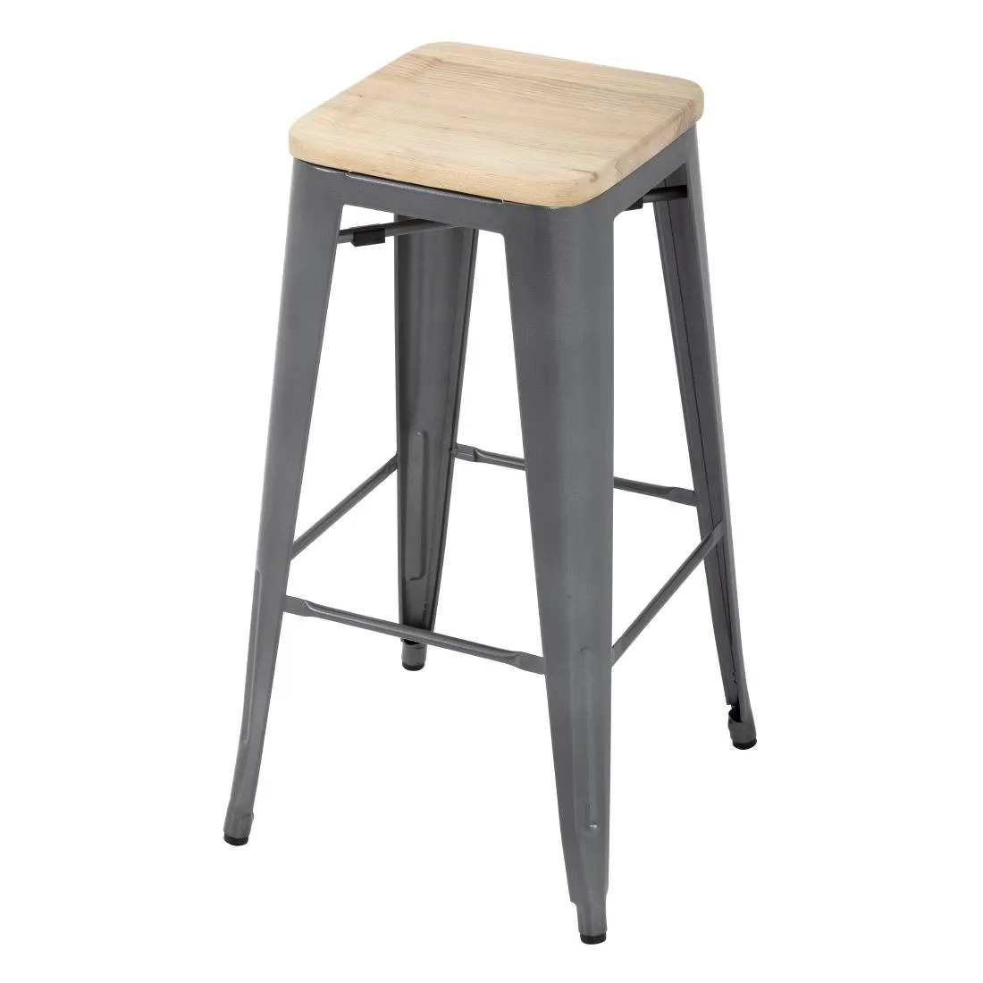 Grijze Stalen Hoge Bistrokruk met Houten Zitting - Set van 4