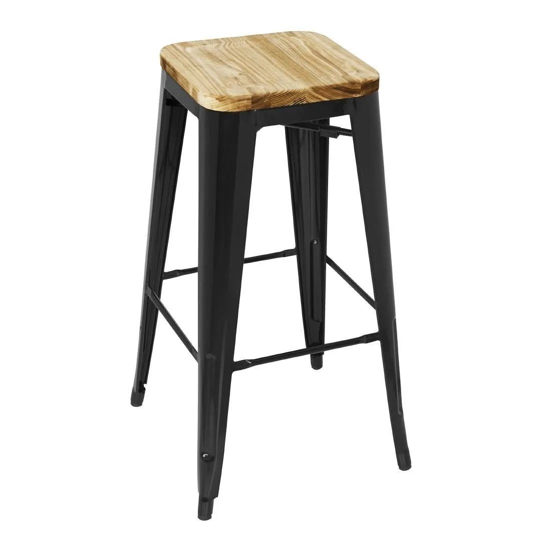 Zwarte Stalen Hoge Bistrokruk met Houten Zitting - Set van 4