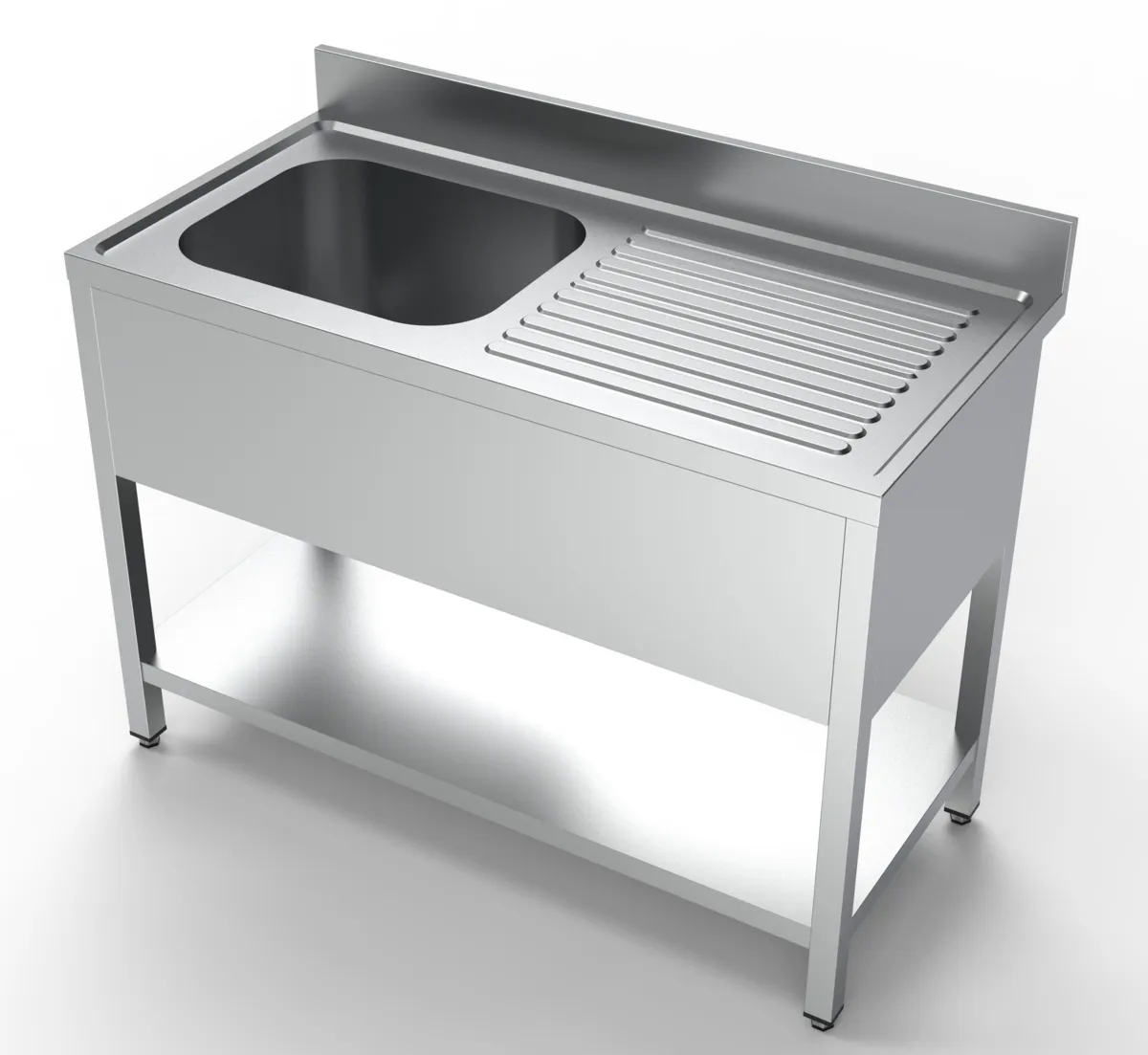 Spoeltafel met 1 spoelbak en afdruipblad rechts, spatrand en legplank - L 1200 x D 600 mm