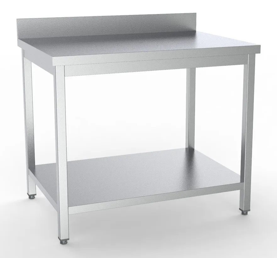 Roestvrijstalen tafel met rugleuning en plank - L 1400 x D 700 mm