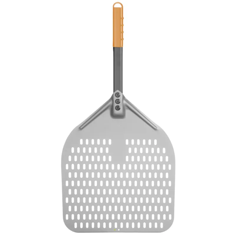 Vierkante geperforeerde pizzaschep met korte steel - 300x660 mm
