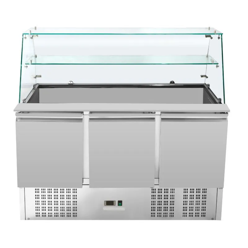 Saladette Koelkast 3 Deuren 368 L, Glazen Vitrine, GN 1/1 Bakken, 0/+10 °C, Roestvrij Staal, Statische Koeling