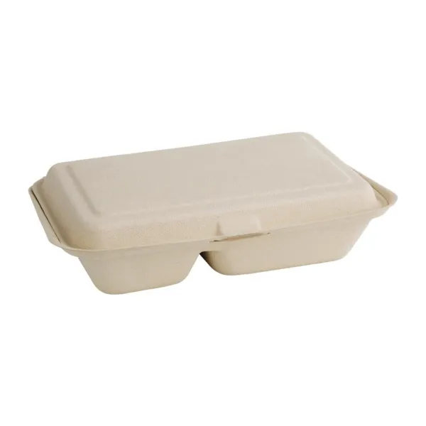 Dozen 2 compartimenten met scharnierend deksel composteerbaar natuurlijk bagasse 253 mm - Set van 200